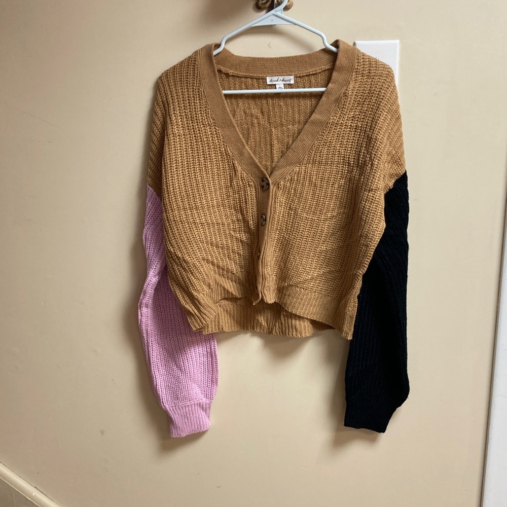 Derek Heart Tan, Pink, and Black V-Neck Cardigan